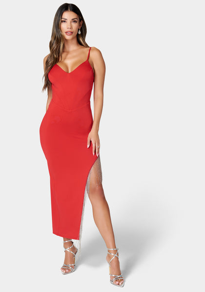 Bebe Women's Fringe Detail High Slit Dress, Size Medium in Red Alert