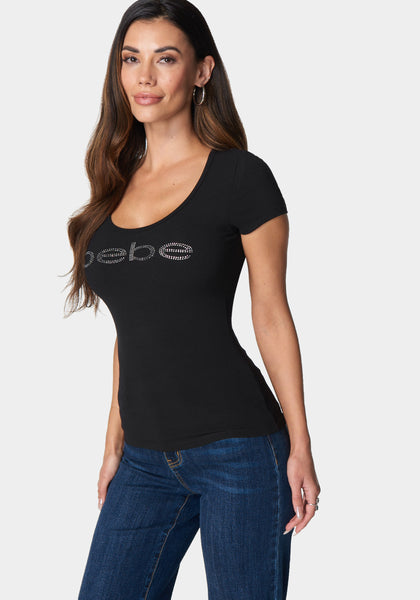 Bebe Logo Short Sleeve Round Neck Rib Top | bebe