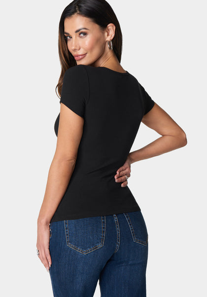 BEBE Women Shirt, Black Short Sleeve, bebe Logo Top, Large, Xlarge