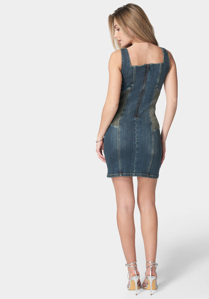 Square Neck Contour Ruching Fitted Denim Dress | bebe