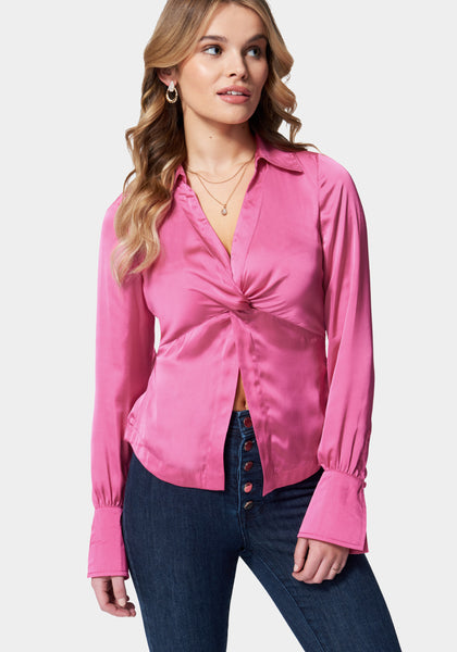Satin Long Sleeve Knot Front Blouse