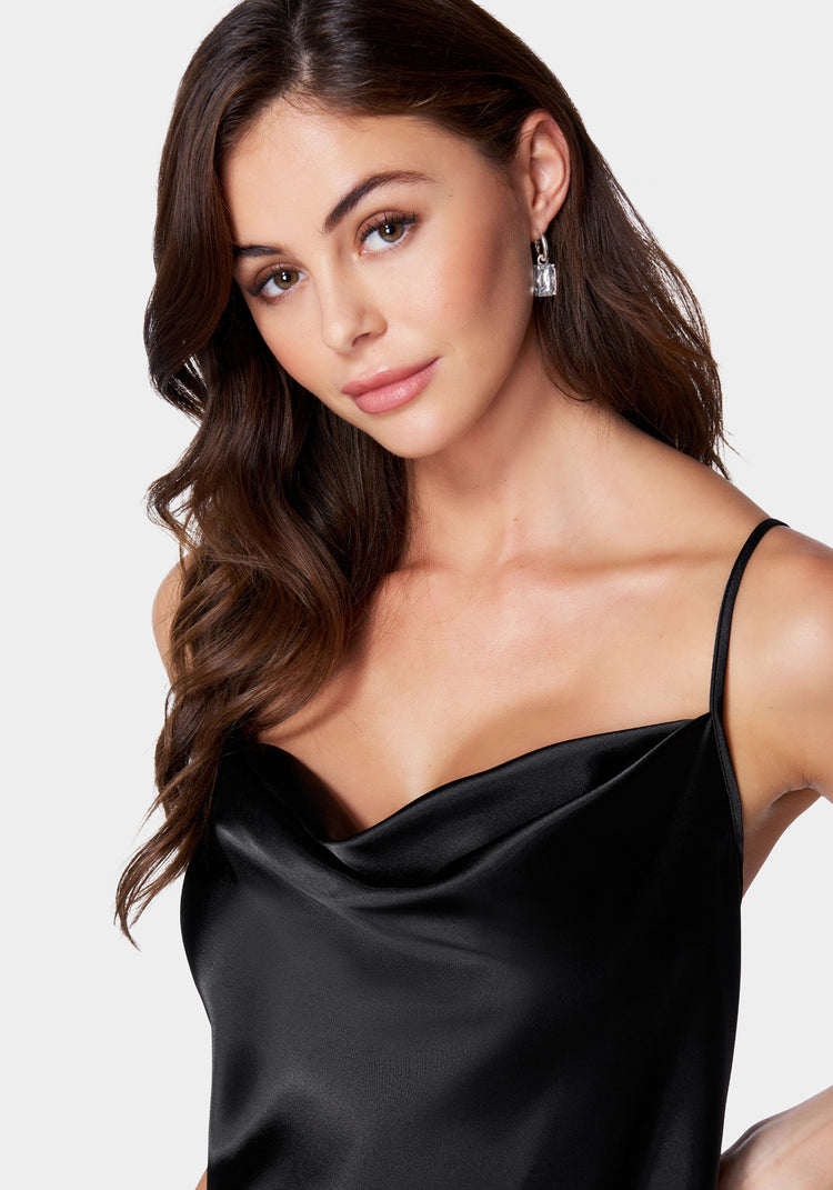 100% Silk Cowl Mini Slip Dress Classic Black | Anaphe | SilkFred