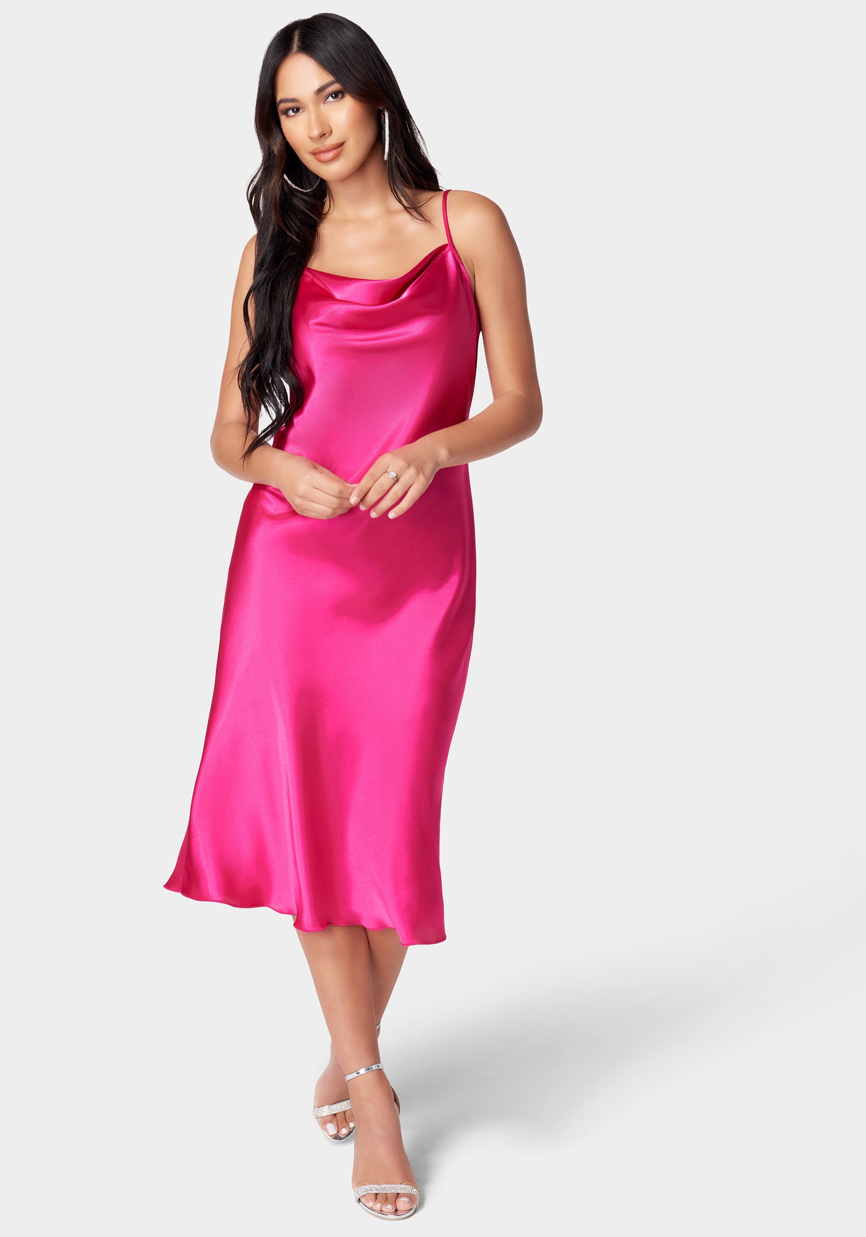 Satin Cowl Neck Slip Midi Dress | bebe