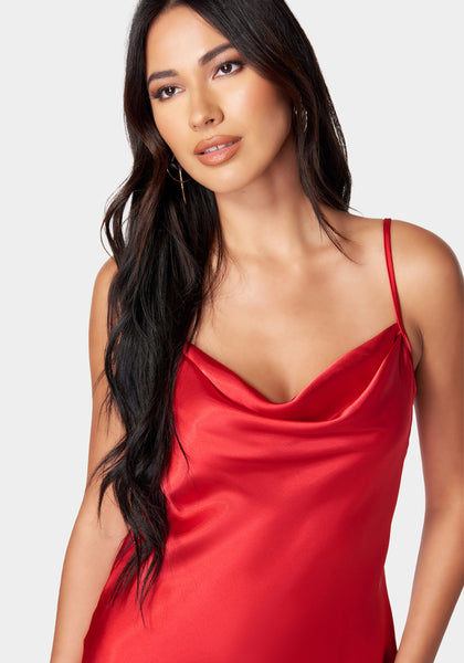 Satin Cowl Neck Slip Midi Dress | bebe