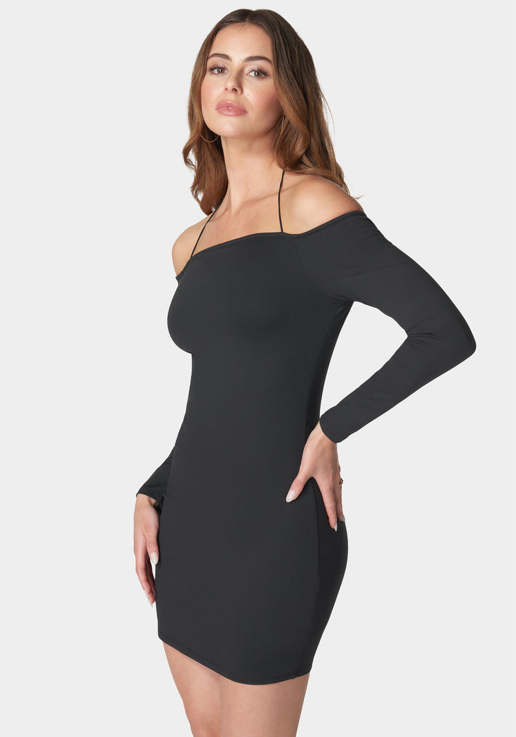 Off Shoulder Cross Neck Mini Dress | bebe