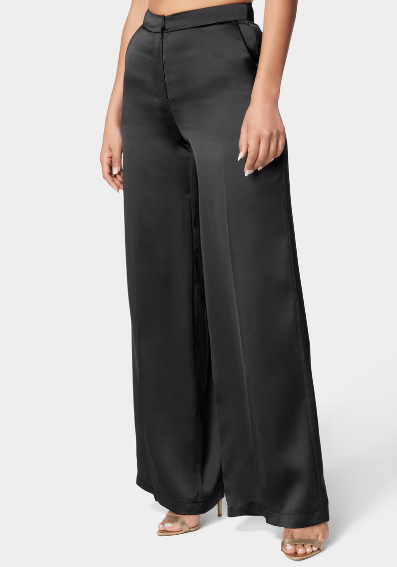 Satin Wide Leg Pants With Zipper And Side Pockets - The Arrangement