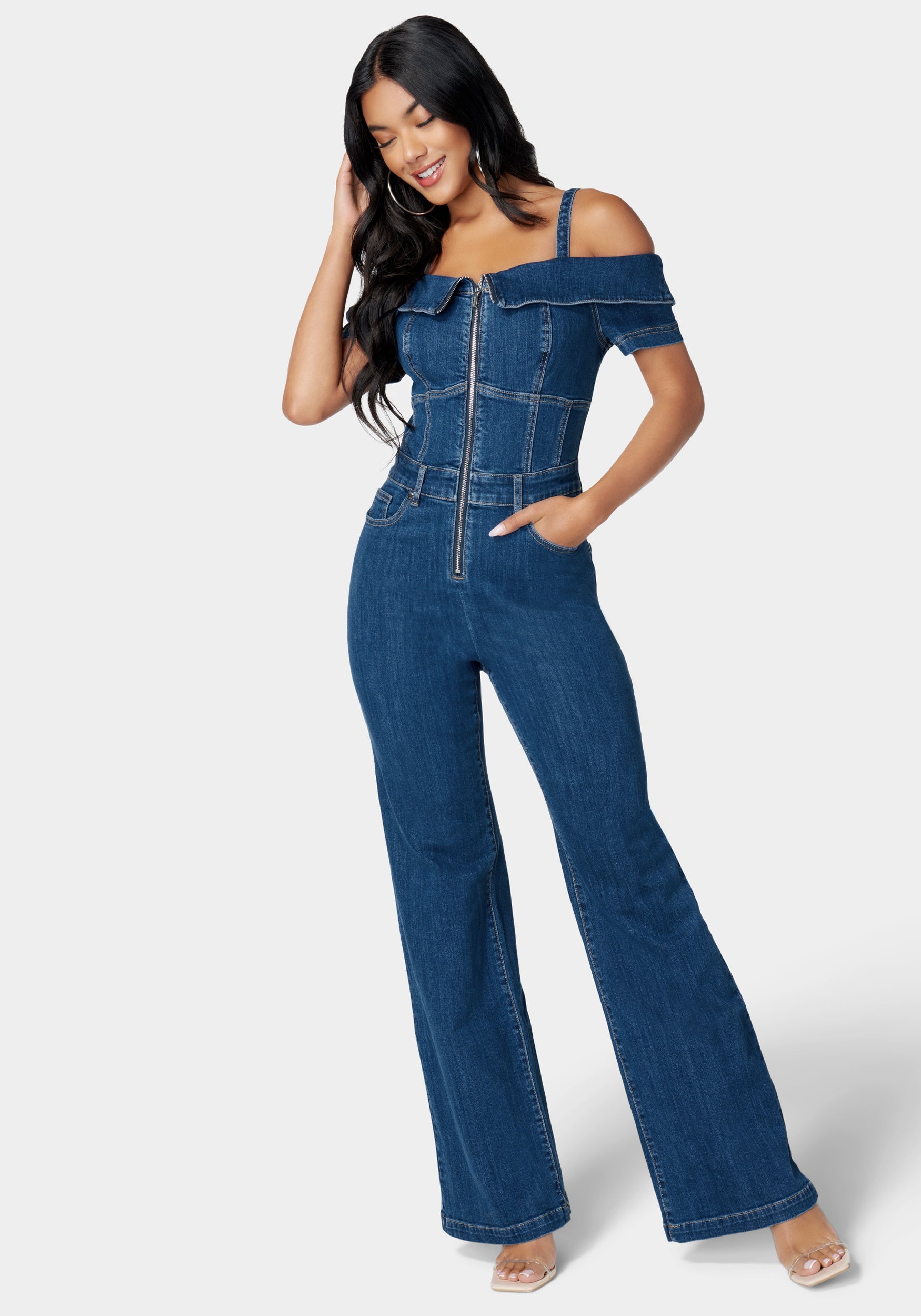 Off Shoulder Zip Front Wide Leg Denim Jumpsuit | bebe