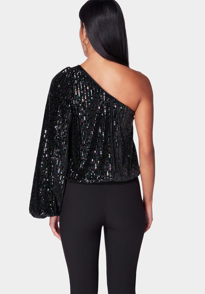 One Shoulder Multi Color Balloon Sleeve Blouse | bebe