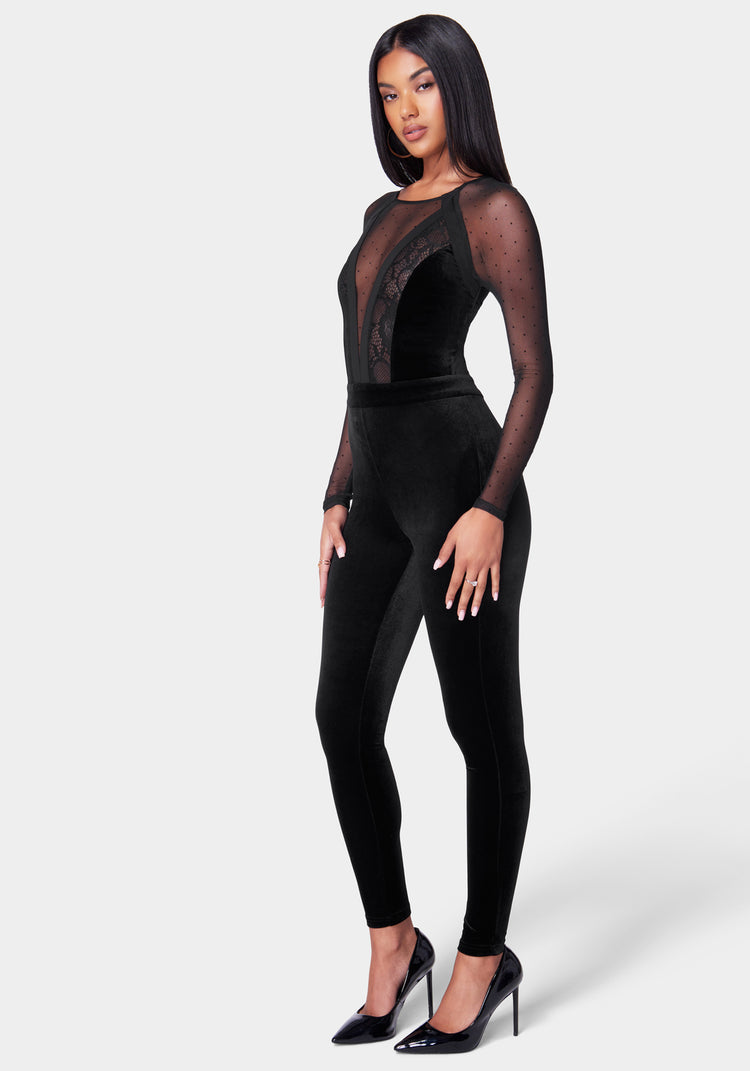 Swiss Dot Combo Velour Catsuit | bebe