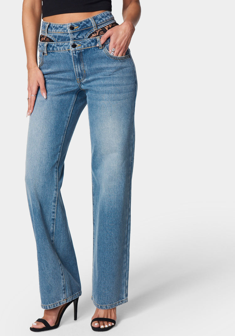 High Waisted Lace up Jeans, Blue Stretch Bell Bottom Denim Jeans -   Canada