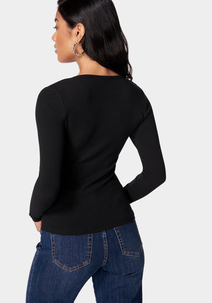 Long Sleeve Scoop Neck Bebe Logo Rib Top | bebe