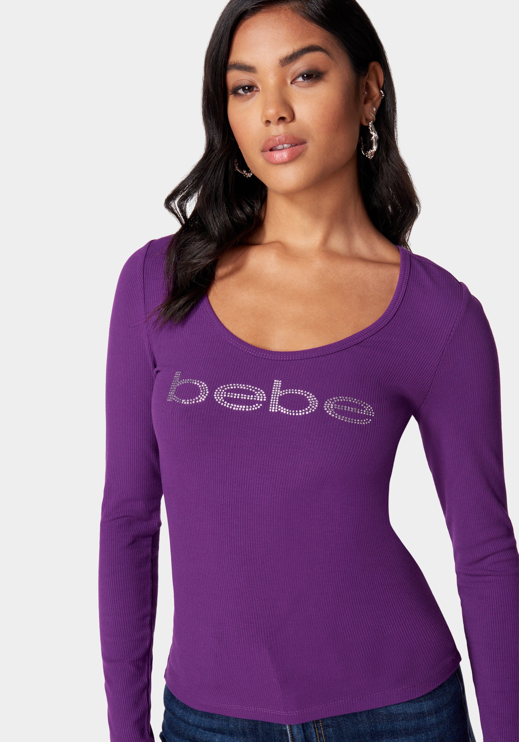 Long Sleeve Scoop Neck Bebe Logo Rib Top Bebe