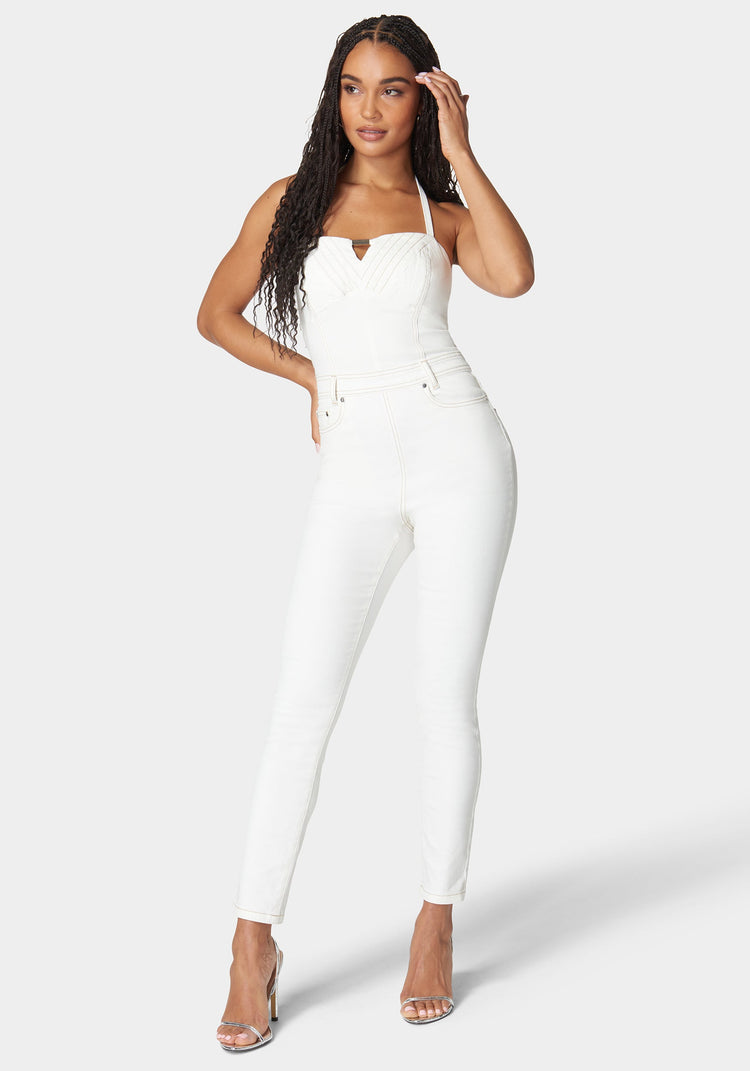 All white jean jumpsuit hotsell