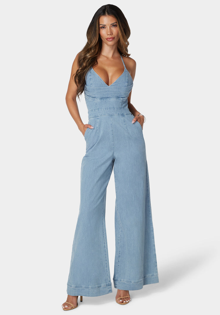 Plunging Vneck Full Wide Leg Denim Jumpsuit | bebe