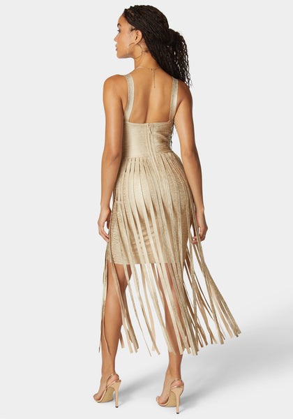 Sweetheart Bandage Top With Fringe Maxi Skirt Dress | bebe