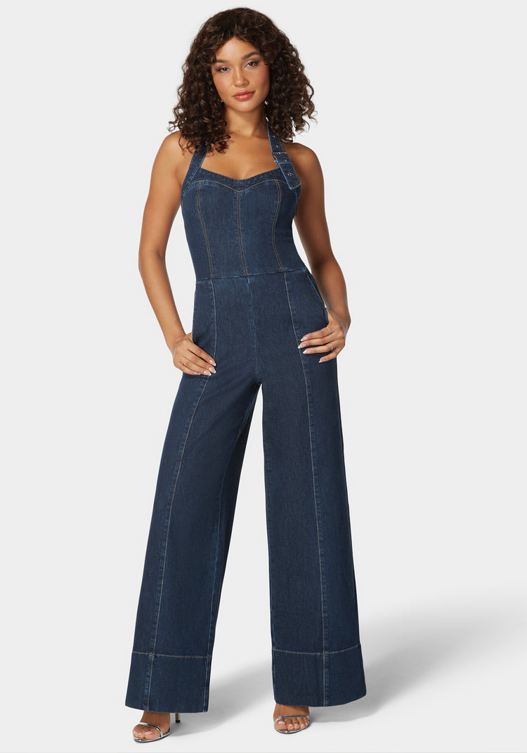 Bebe Women s Halter Neck Buckle Detail Wide Leg Denim Jumpsuit Size 2 in Dark Blue Wash Cotton Spandex