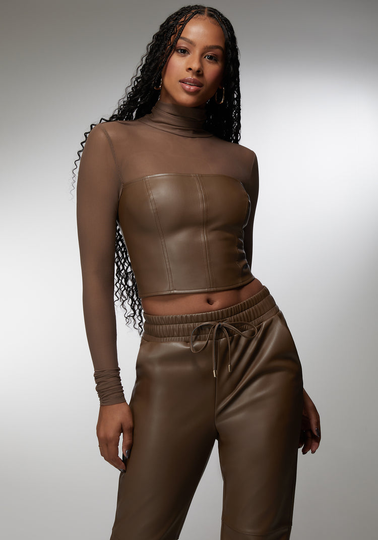 Mock Neck Mesh Combo Vegan Leather Top