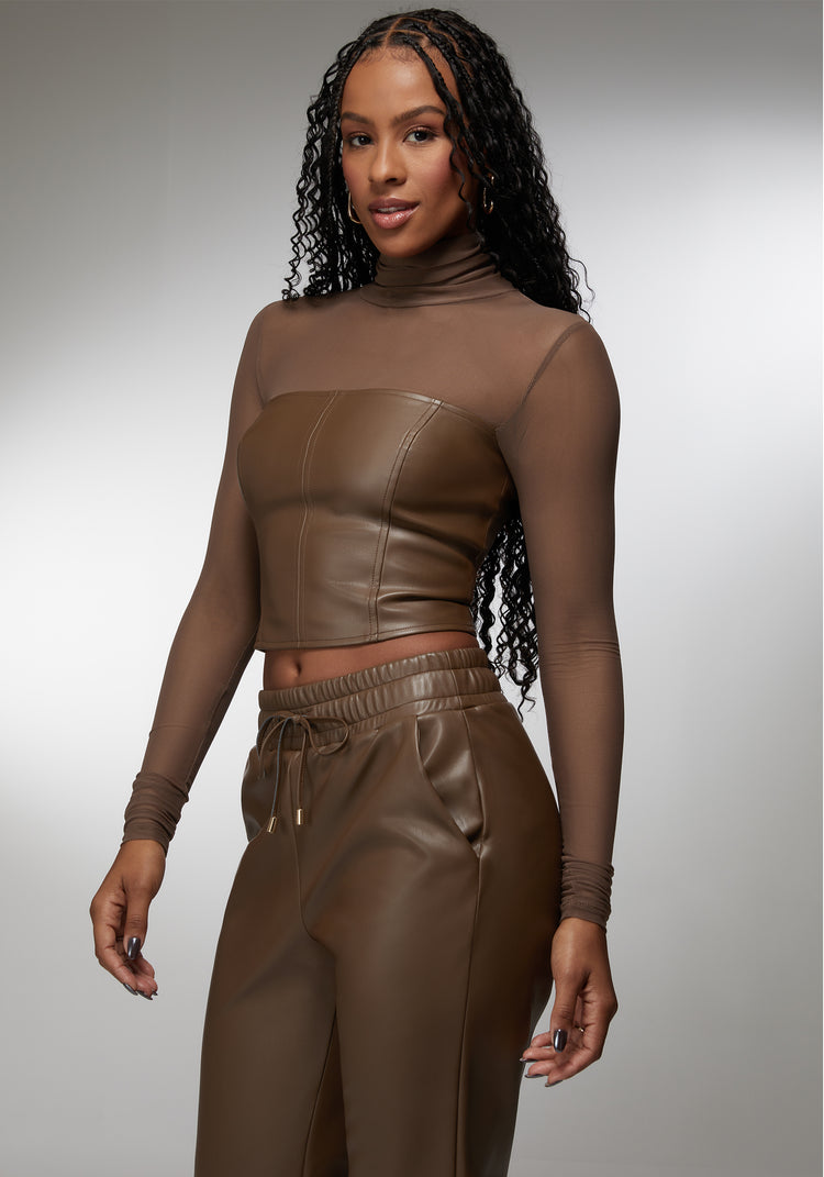 Mock Neck Mesh Combo Vegan Leather Top