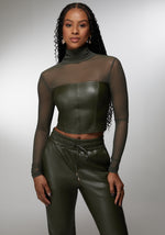 Mock Neck Mesh Combo Vegan Leather Top