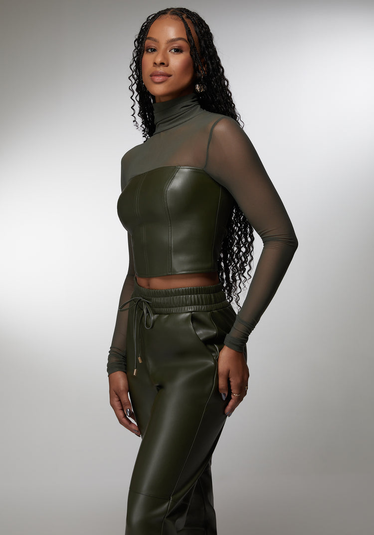 Mock Neck Mesh Combo Vegan Leather Top