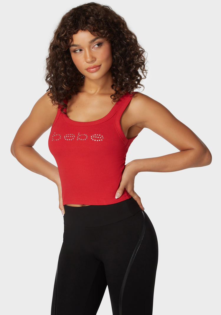 Bebe Logo Double Strap Single Stone Rib Top