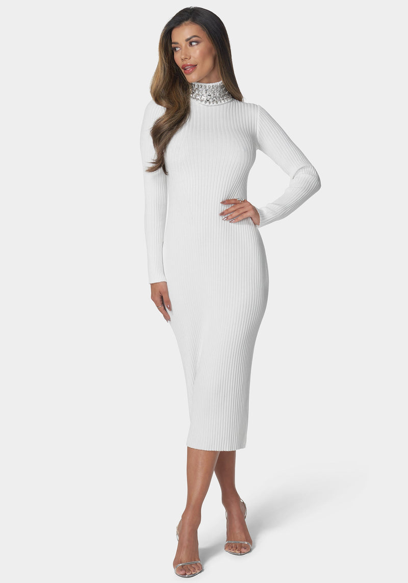 Bebe Crystal Neck Sweater Dress White Xs