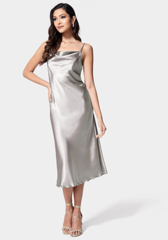 Satin Cowl Neck Slip Midi Dress | bebe