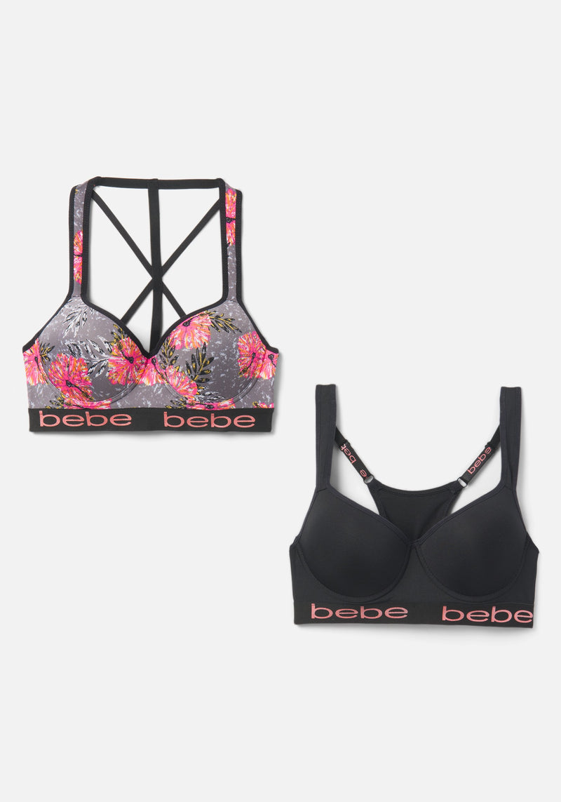 Rainbow Shops Womens Girls Bebe Floral Lace Plunge Bras 2 Pack