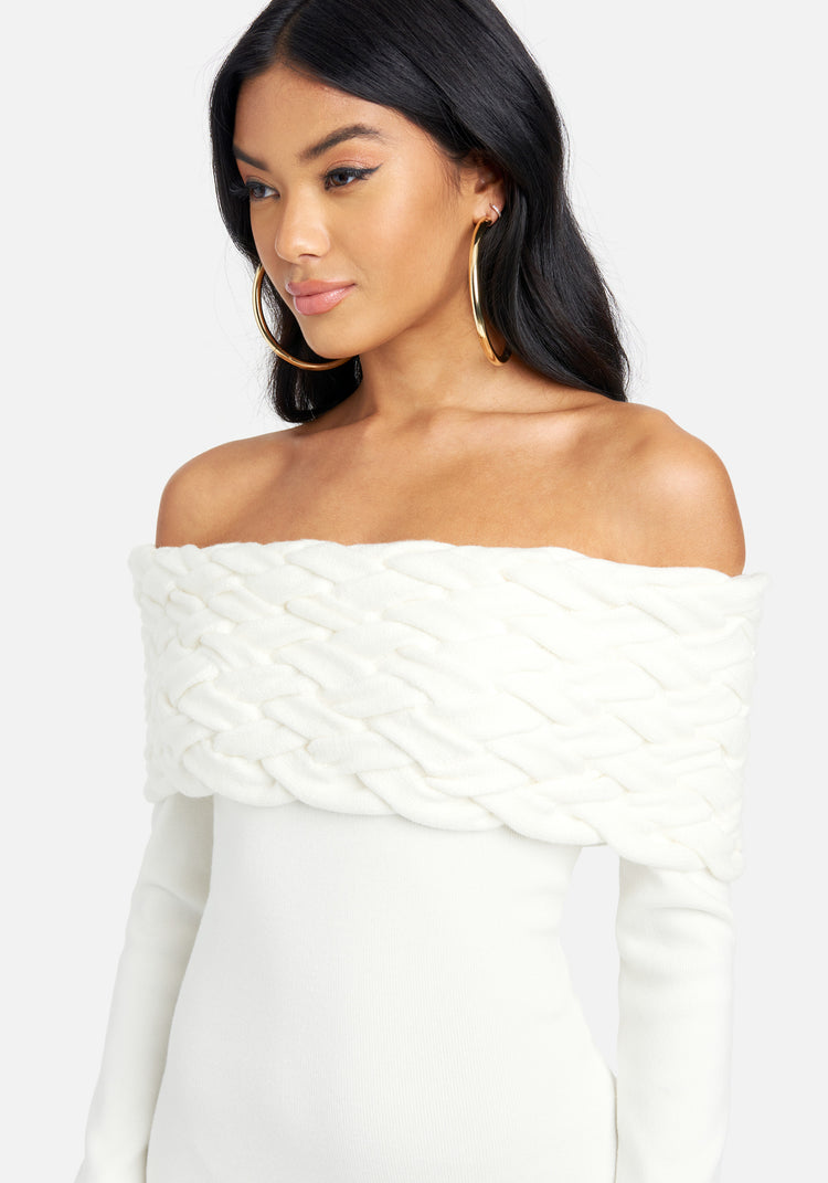 Off Shoulder Cable Knit Dress | bebe