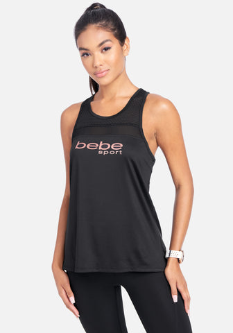 Buy Bebe Sport women mesh trim hilow tank top black Online