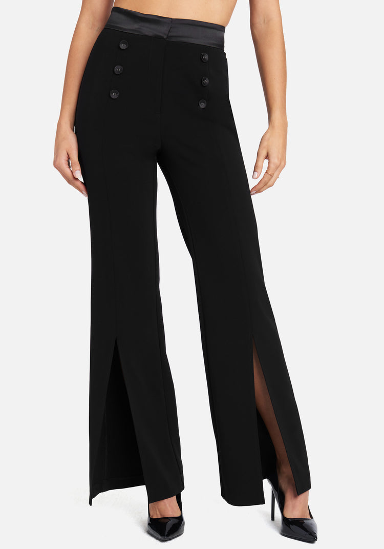Twill Wide Leg Pant With Front Slit & Satin Waistband