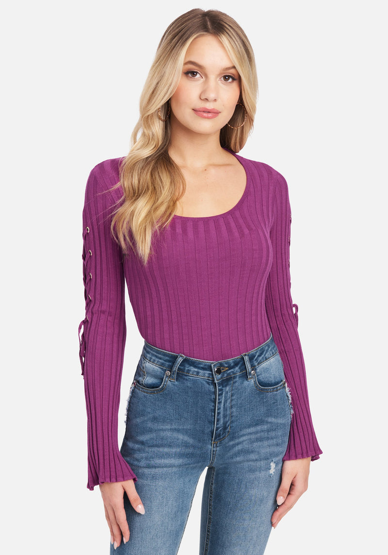 Scoop Neck Lace Up Bell Sleeve Sweater | bebe