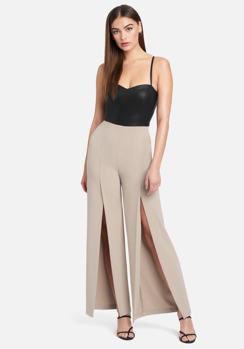 Vegan Leather Open Leg Jumpsuit | bebe