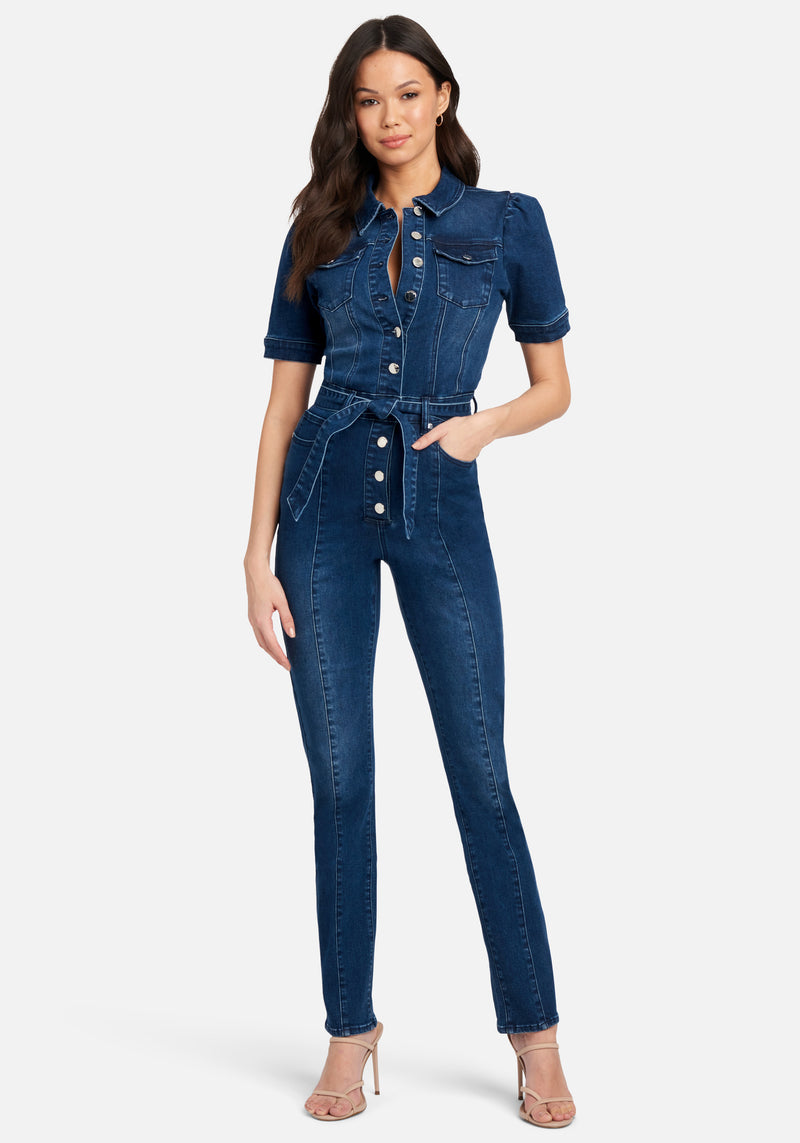 Button Front Slim Leg Denim Jumpsuit | bebe