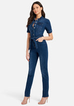 Button Front Slim Leg Denim Jumpsuit | bebe