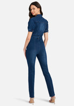 Button Front Slim Leg Denim Jumpsuit | bebe