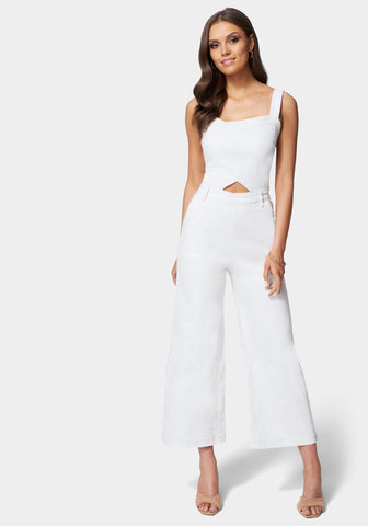 Side Cut Out Wide Leg Denim Jumpsuit | bebe