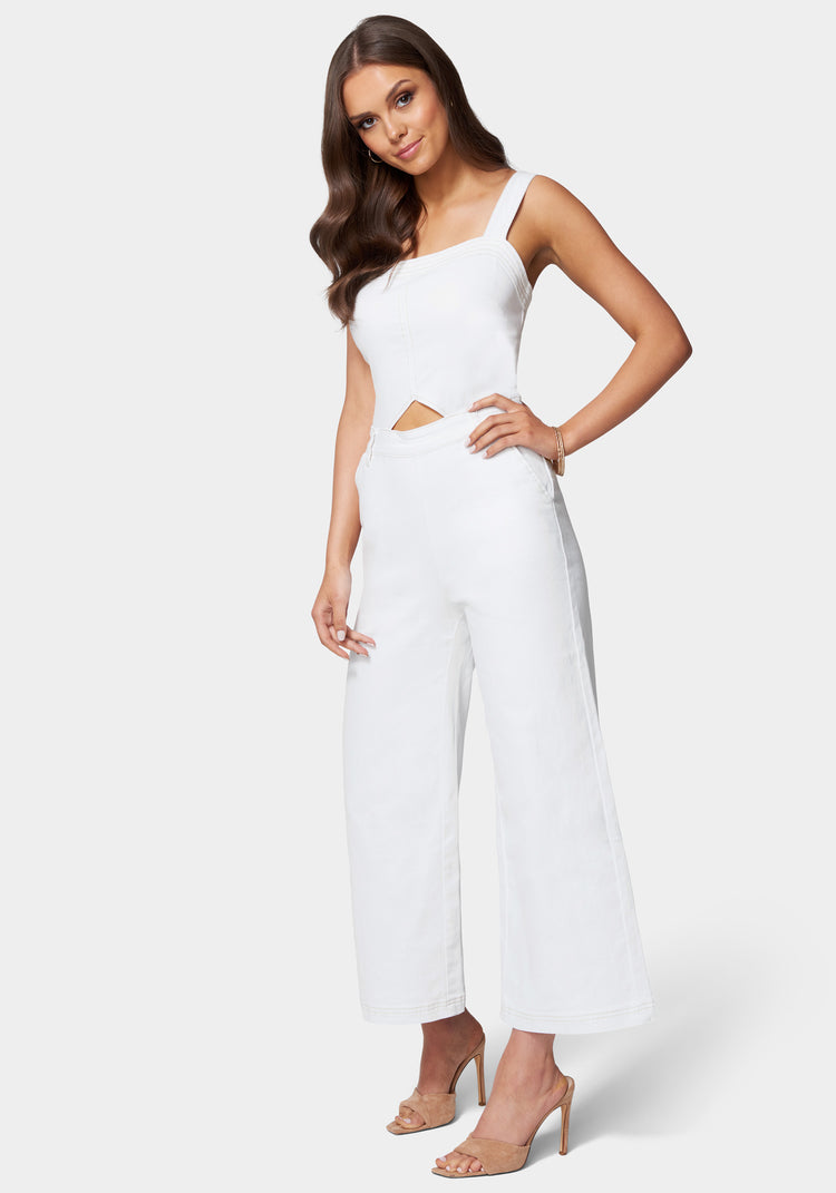 Side Cut Out Wide Leg Denim Jumpsuit | bebe