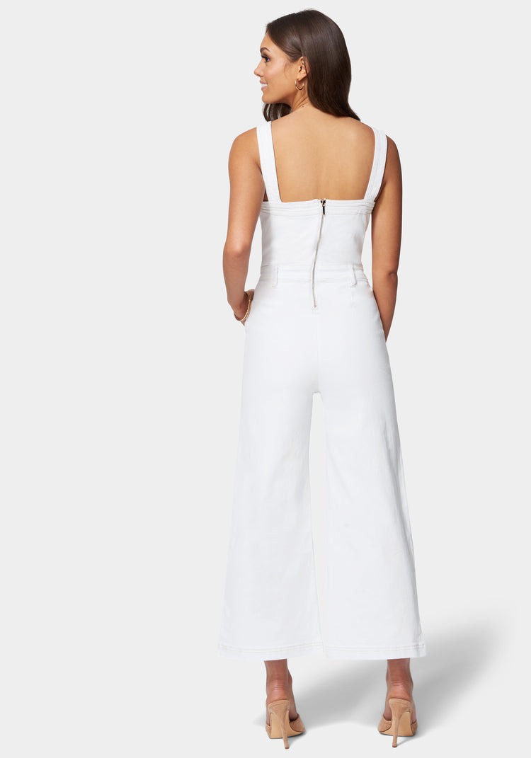 Side Cut Out Wide Leg Denim Jumpsuit | bebe