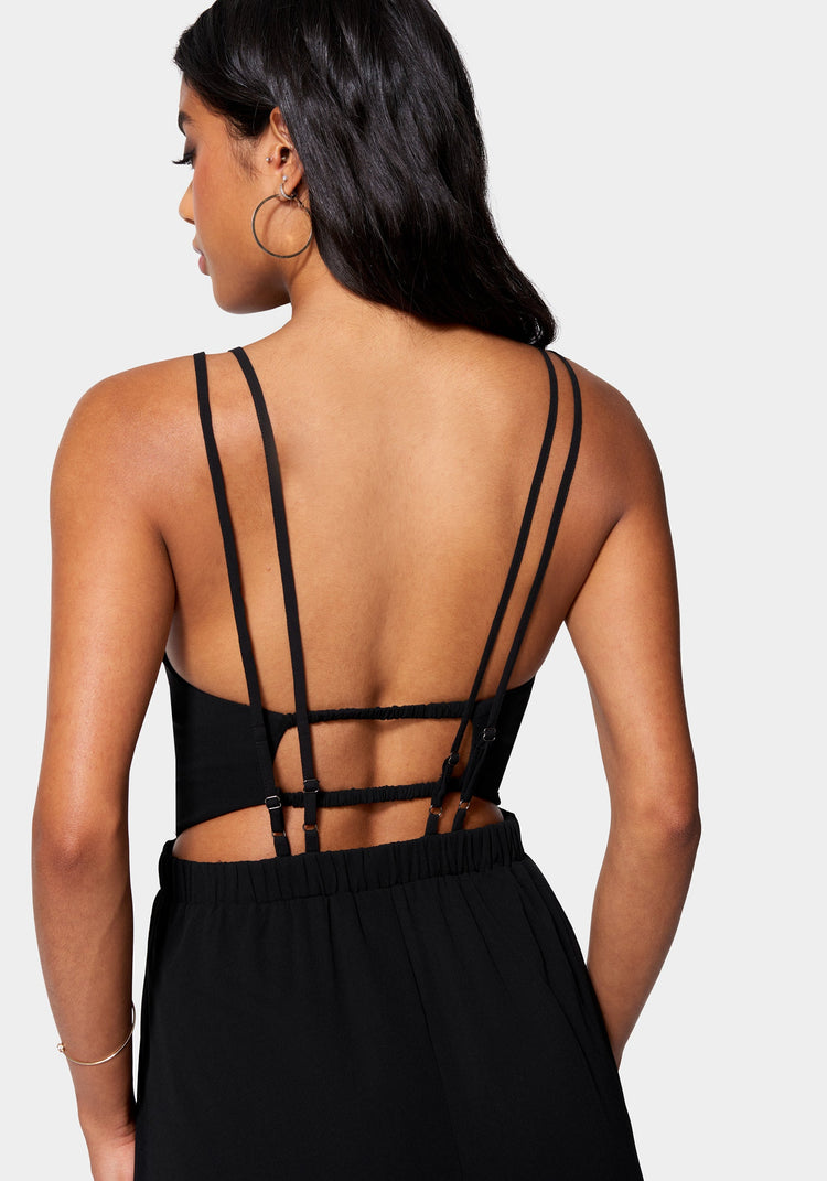 Pearly Straps Backless Cami Dress in Black