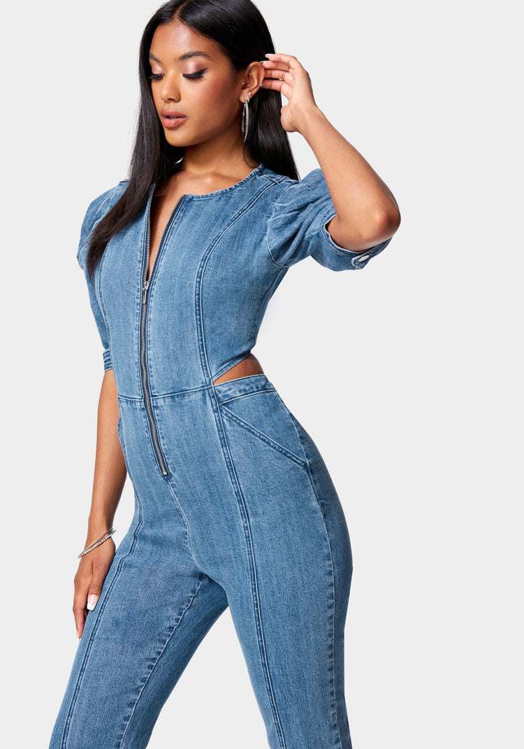 Front Zip Side Cut Out Straight Leg Denim Jumpsuit | bebe