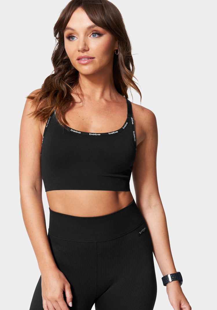 NWT BEBE SPORT AUTHENTIC ZIP FRONT WORKOUT FITNESS WOMEN'S BLACK SEAMLESS  BRA
