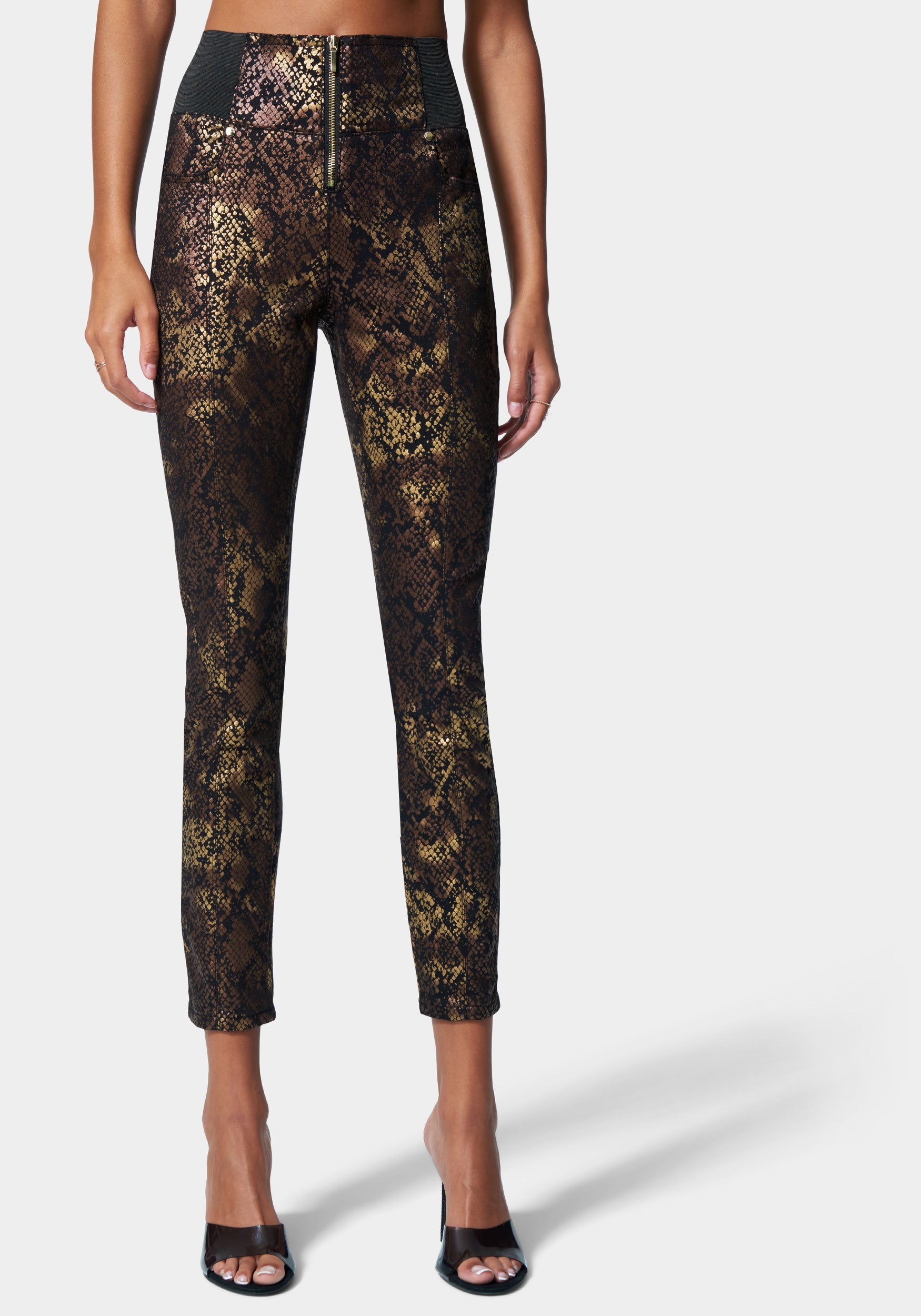 Foiled Print Zip Front Elastic Skinny Jean | bebe