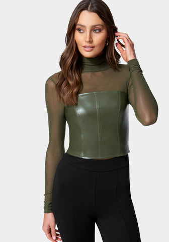 Bebe Women's Long Sleeve Mesh Top with Faux Leather Bustier - Macy's