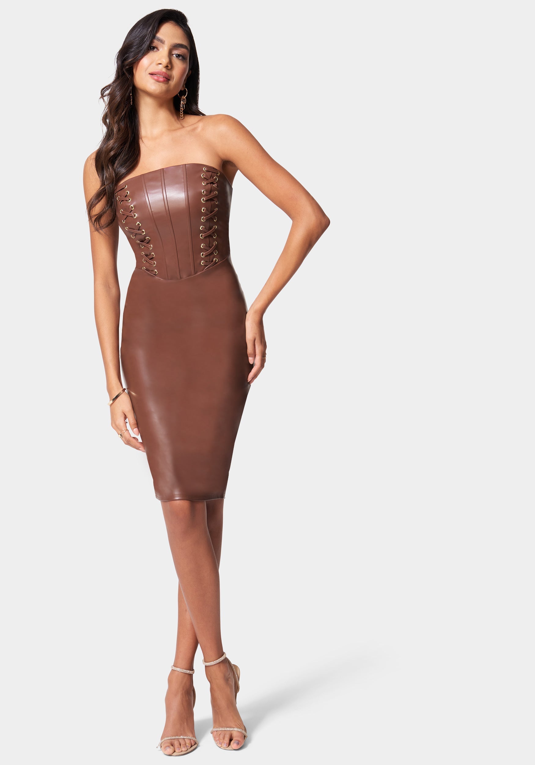 Vegan Leather Strapless Corset Midi Dress Bebe