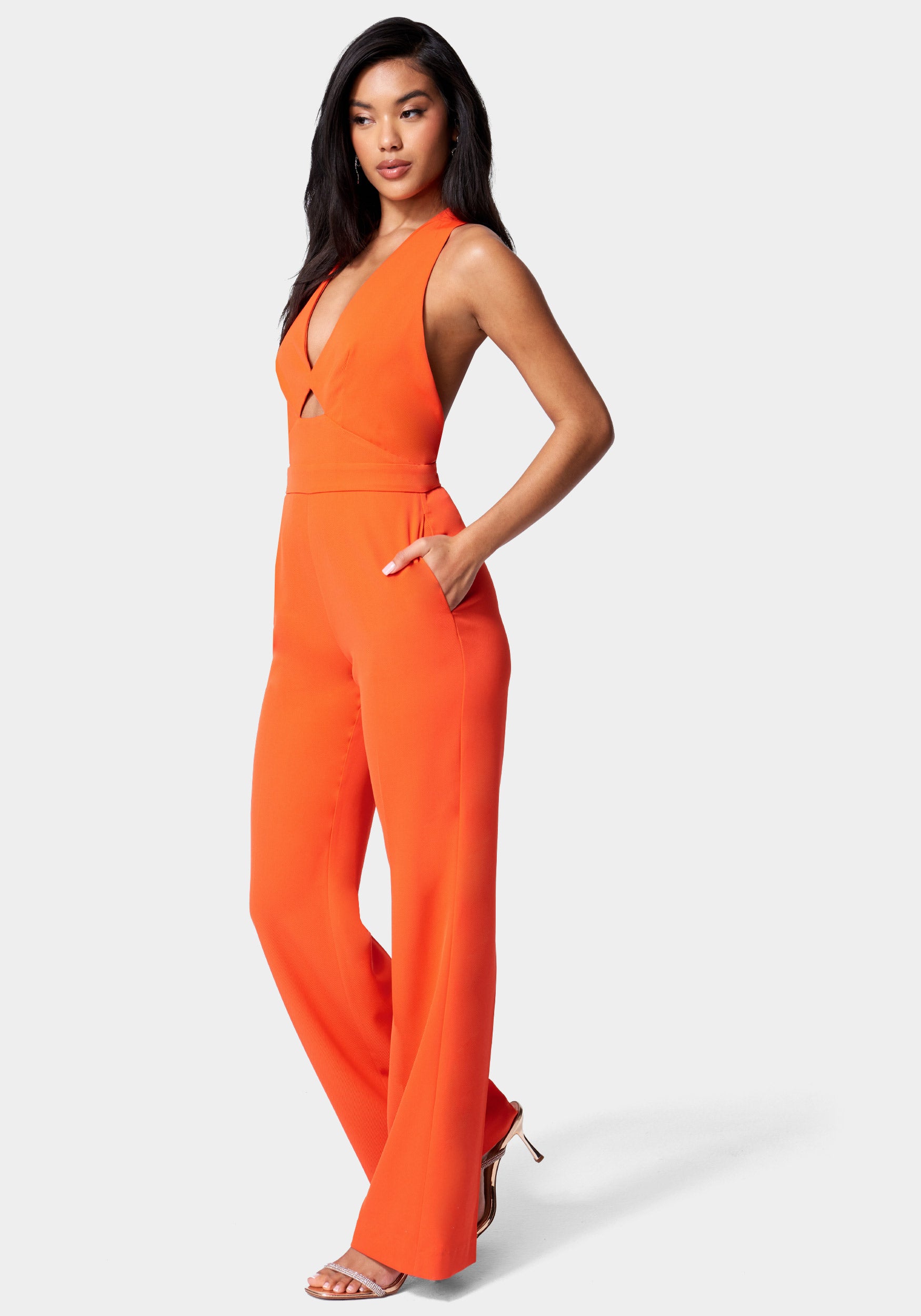 Satin Twill Halter Tie Back Wide Leg Jumpsuit Bebe