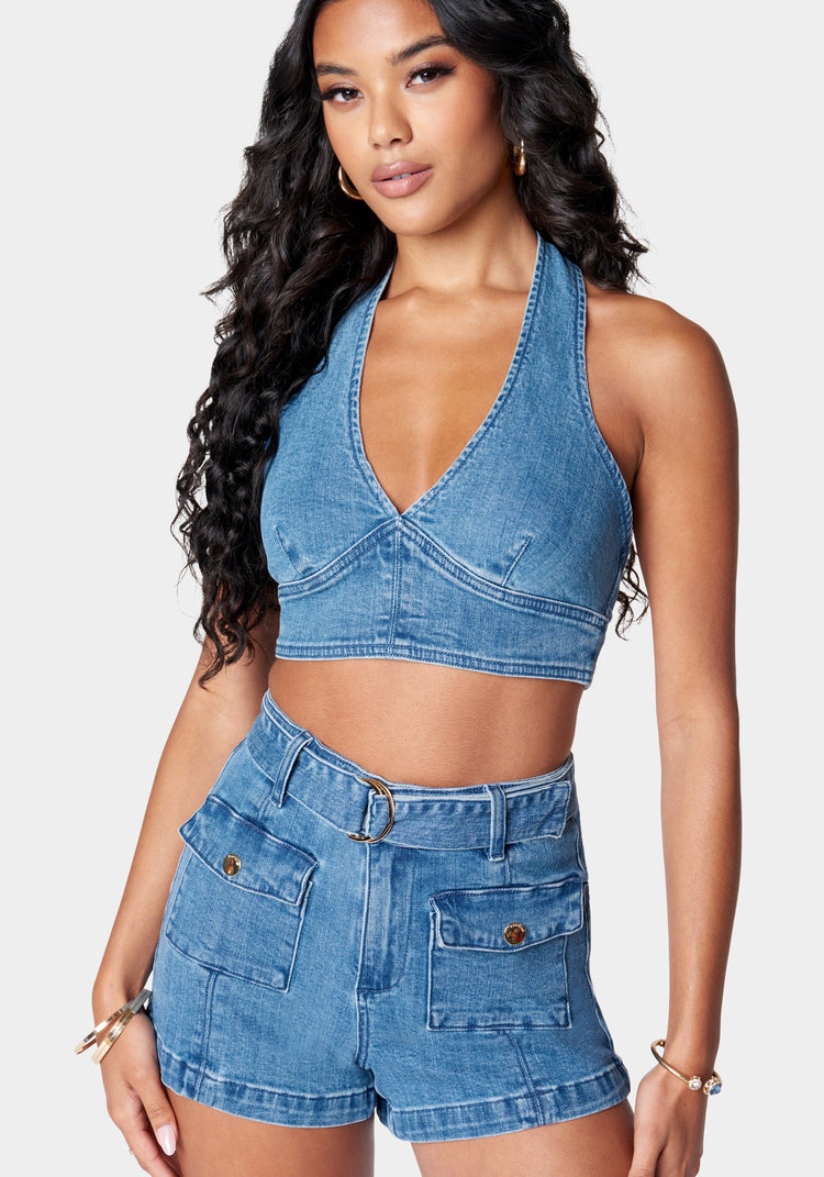 Blue Lace-Up Ruched Flare Pants & Halter Crop Top - S / Blue