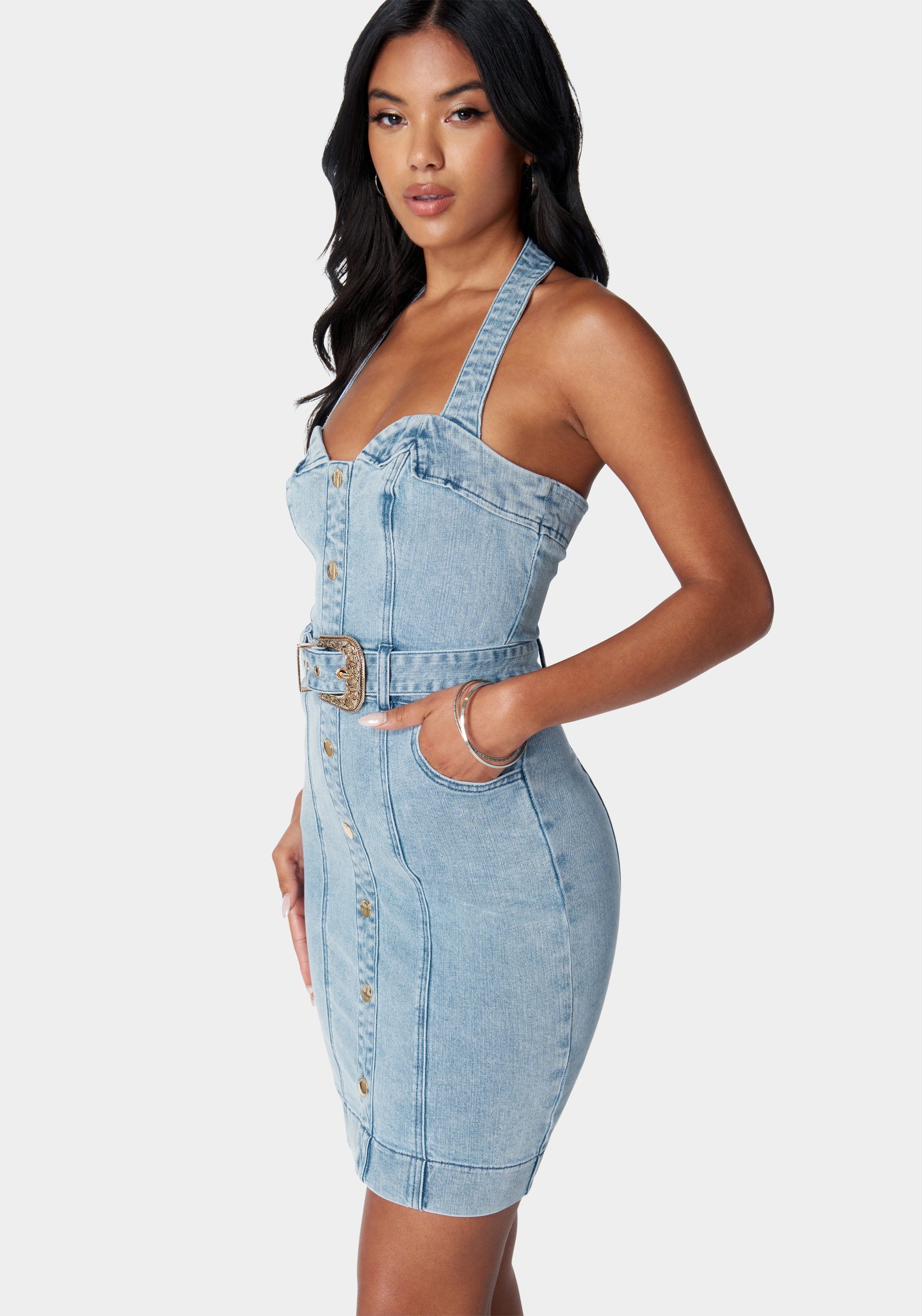 Button Down Fitted Halter Denim Dress | bebe