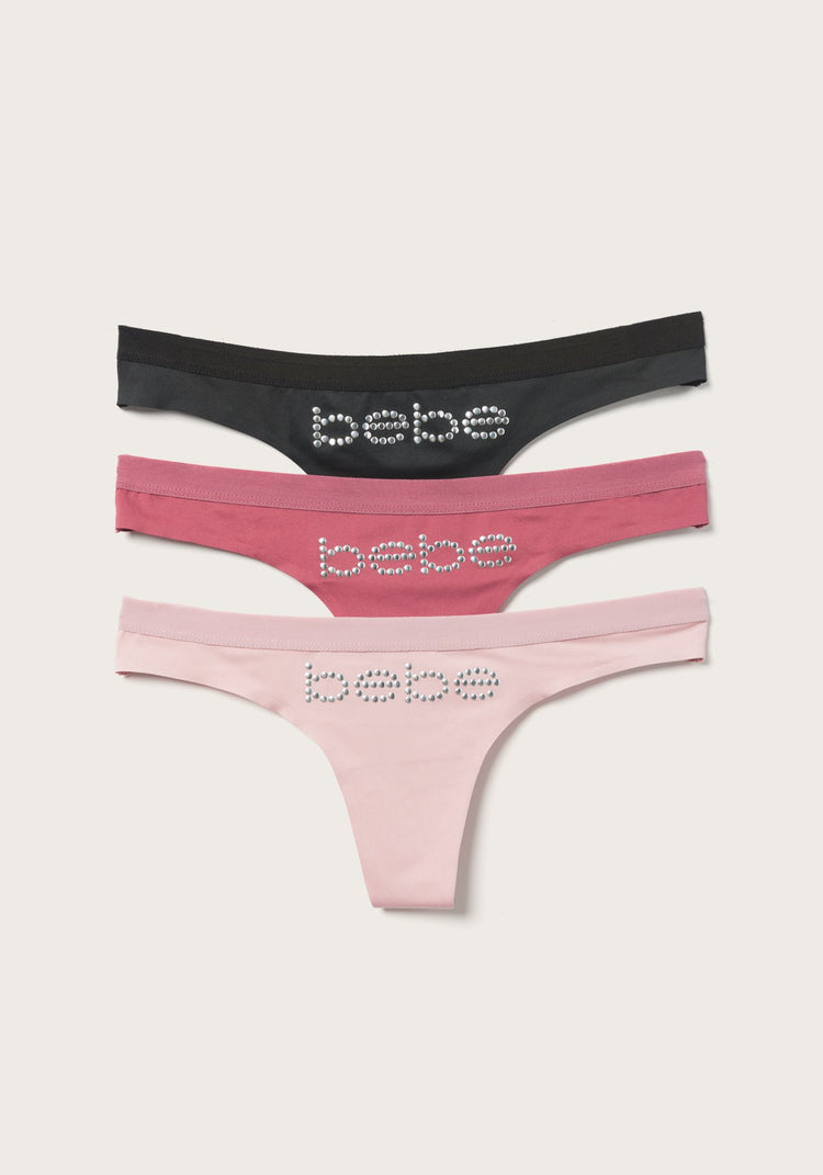 Buy Bebe women 3 pack brand logo thong panties pink white black